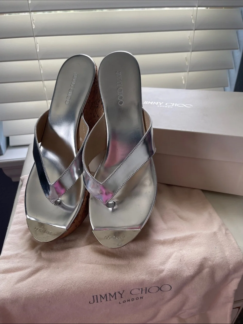 Jimmy Choo Silver Metallic Cork Wedge Thong Sandals